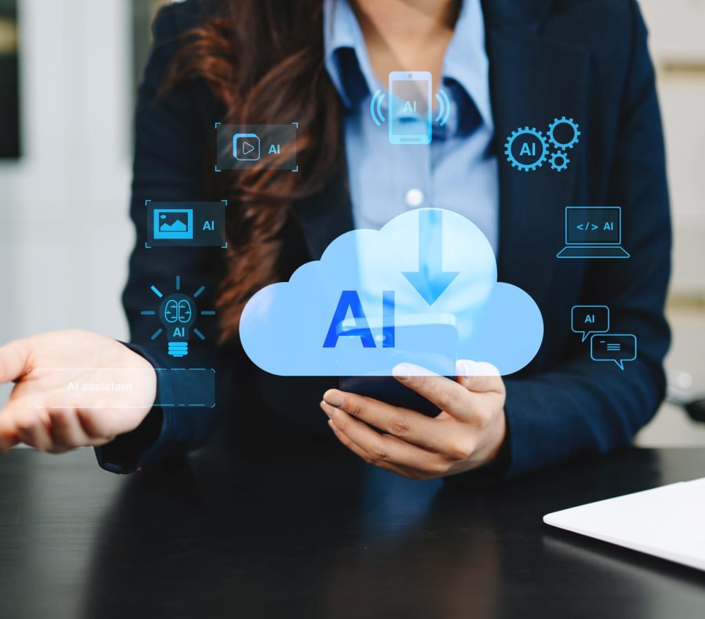 Businesswoman using artificial intelligence cloud computing interface with AI assistant, automation and data technology. Digital transformation concept.