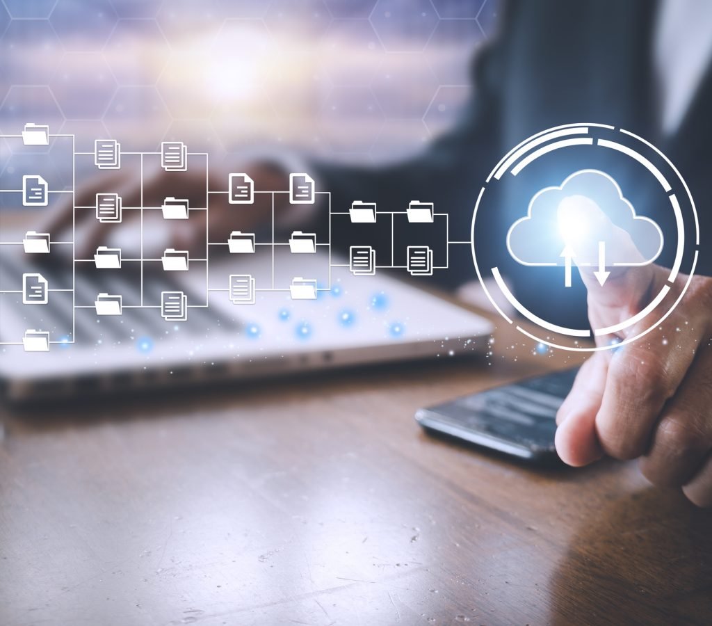 Businessman working with digital document on virtual screen. Database save to cloud network server. Storage for large organizations to share with employees in the organization.