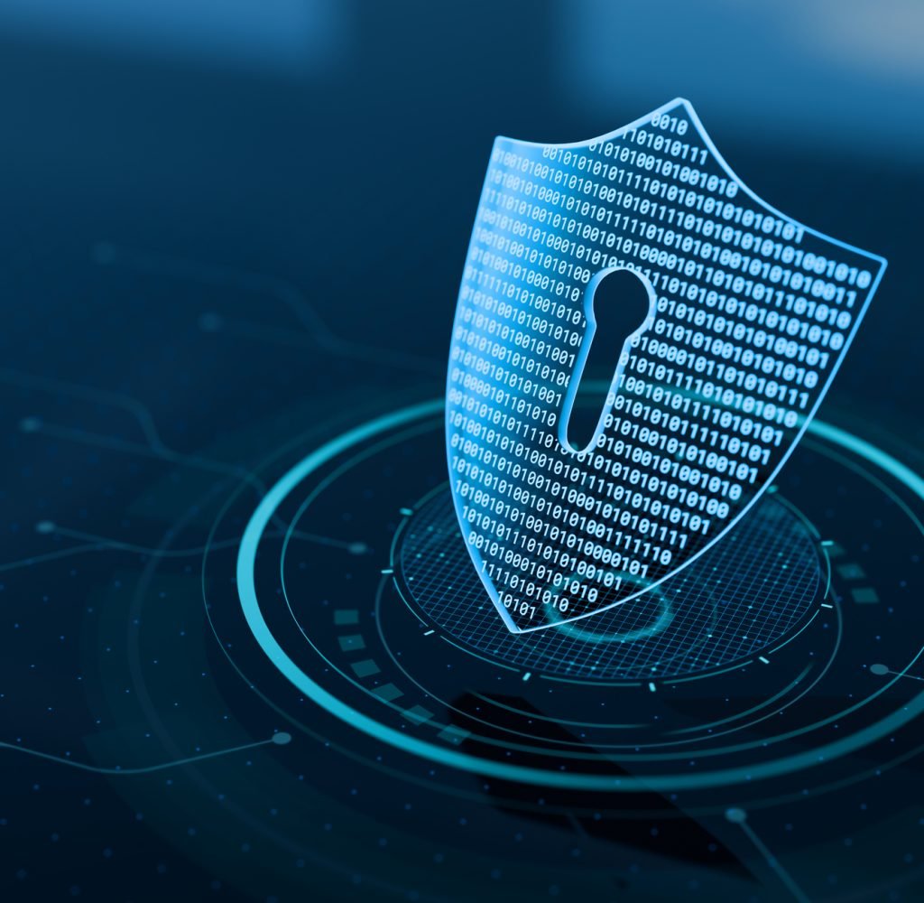 Cyber security and data protection on internet. Shield, secure access and encrypted connection protecting online information. Password protected system. Cybersecurity technology. Holographic icon.