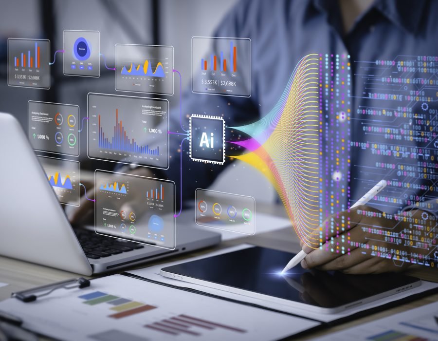 Data analysis science and big data with AI technology. Analyst or Scientist uses a computer and dashboard for analysis of information on complex data sets on computer. Insights development engineer